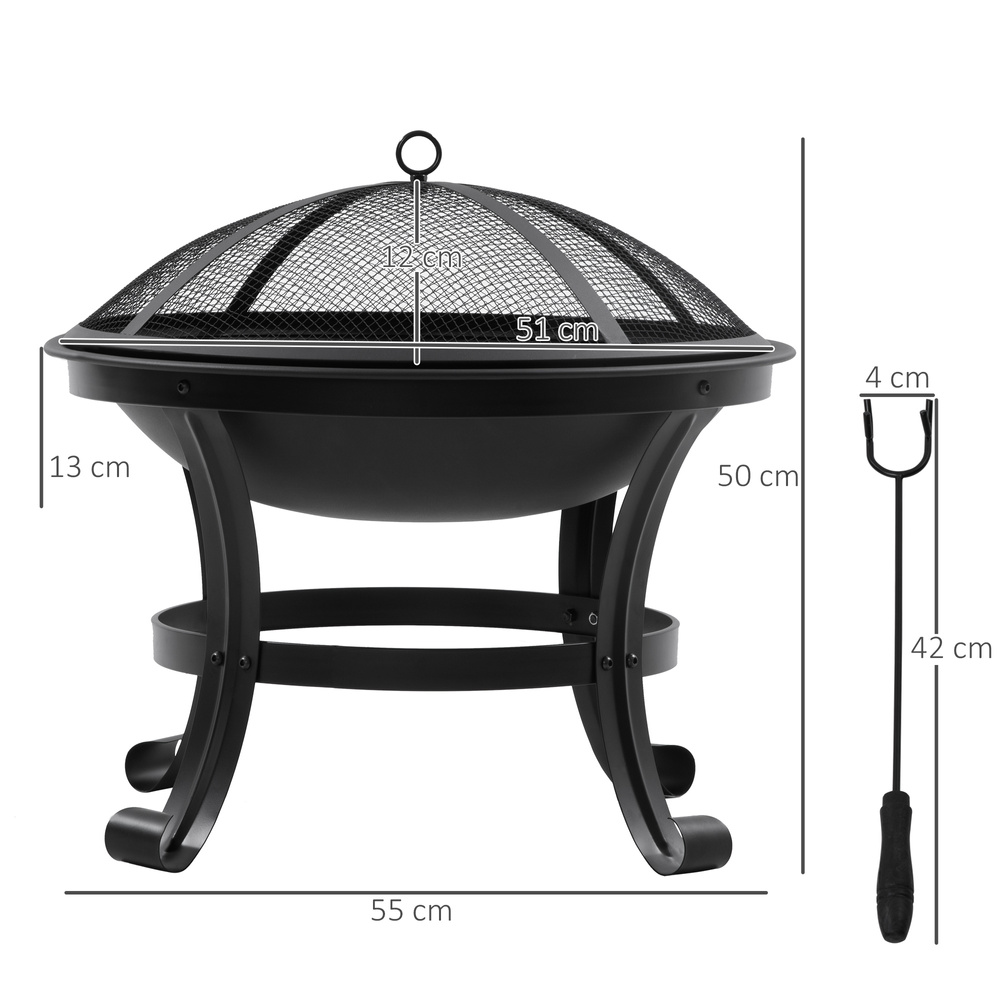 Outsunny Outdoor Fire Pit, Firepit with Mesh Lid, Poker, for Camping, Bonfire, Picnic, Black