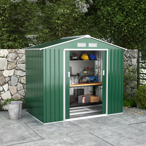 Outsunny 7 x 4ft Metal Garden Shed, Outdoor Storage Tool House with Ventilation Slots, Foundation Kit and Lockable Double Doors, Green