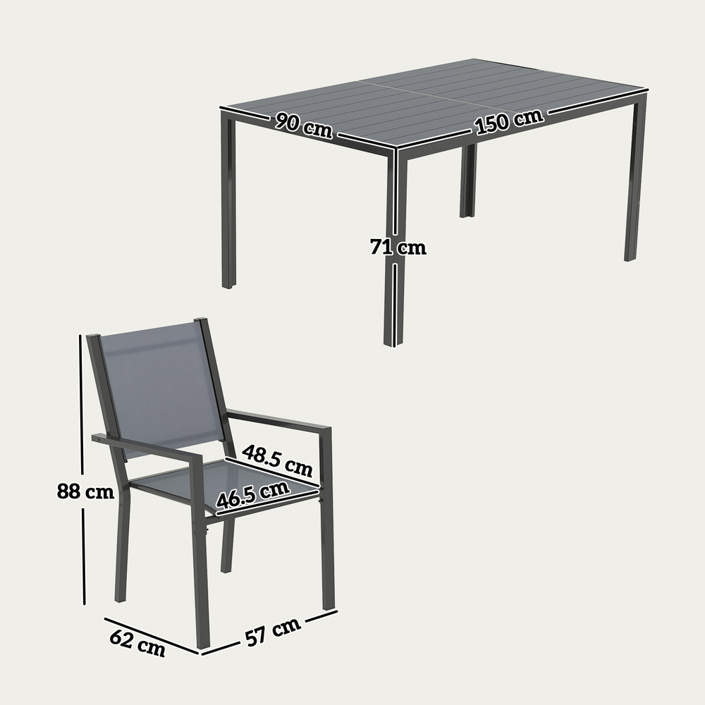 Outsunny 7 Piece Garden Dining Set, Outdoor Furniture Set with 6 Stackable Chairs and 150 cm Rectangle Table, WPC Slatted Top, Rust-Resistant Steel Frame, for Garden, Porch, Terrace