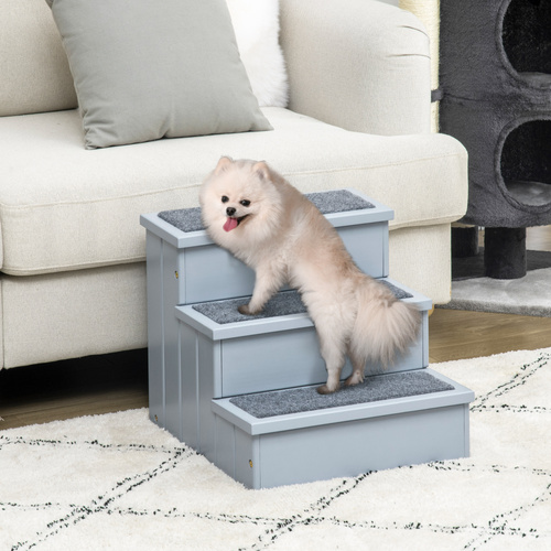 PawHut Dog Steps for Bed Sofa, 3 Step Wooden Dog Stairs for Sofa, Pet Stairs with Storage for Small Cats and Puppy, Grey