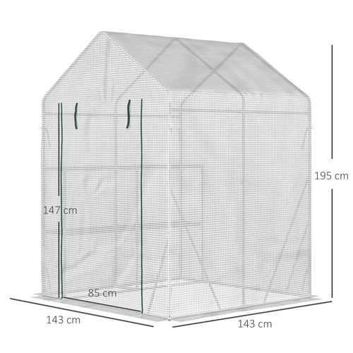 Outsunny Walk In Greenhouse with 2 Tier Shelf, Portable Gardening Plant Grow House Tomato Greenhouse with Roll up Zip Panel Door, Reinforced PE Cover, 143 x 143 x 195cm, Green