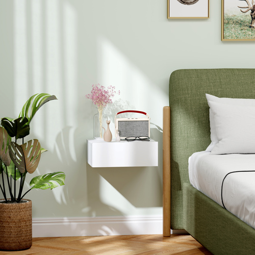 HOMCOM Floating Bedside Table, Wall-Mounted Nightstand with Storage Drawer, Small Side End Table for Bedroom, White