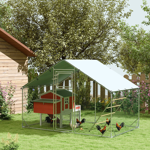 PawHut Walk-in Chicken Run with Cover, Feeding Door, Hanging Feeder, Perch, for 6-8 Poultry