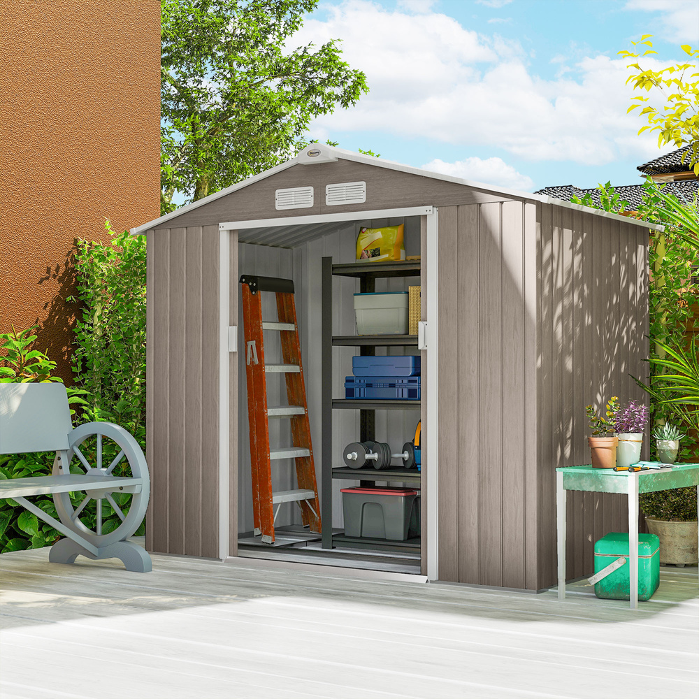 Outsunny 7 x 4ft Metal Garden Storage Shed with Vents, Floor Foundation Kit and Lockable Double Doors, Light Brown