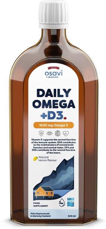 Osavi Daily Omega + D3 1600mg Omega 3 Wspiera Prace Serca i Mózgu Naturany Smak Cytrynowy 500ml