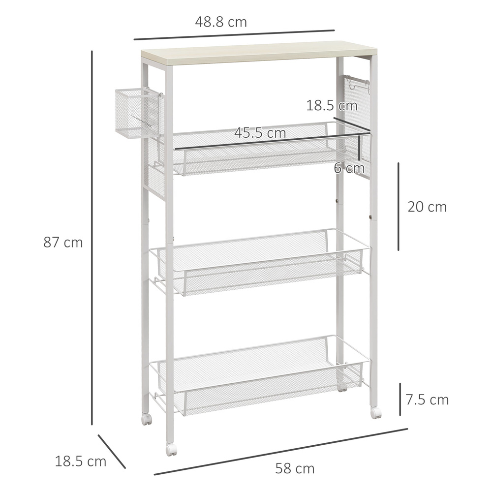 HOMCOM 3-Tier Kitchen Cart with 3 Steel Wire Baskets - White