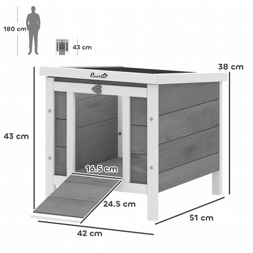 PawHut Wooden Rabbit Hutch Outdoor, Guinea Pig Hutch, Rabbit Hideaway, Cat House, Bunny Cage Small Animal House with Openable Roof, 51 x 42 x 43 cm, Grey