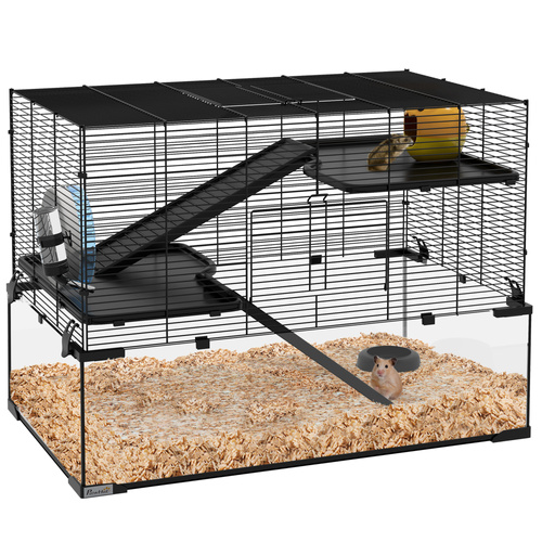 PawHut 3 Tiers Hamster Cage, Gerbil Cage with Deep Glass Bottom, Non-Slip Ramps, Platforms, Hut, Exercise Wheels, Water Bottle, Dish, for Syrian Hamster, Dwarf Hamster, 76.5 x 48.5 x 54.5cm