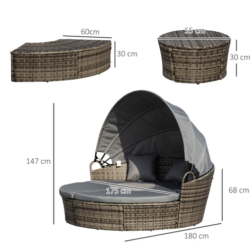 Outsunny Outdoor PE Rattan Garden Furniture with Cushioned, Patio Wicker Conversation Furniture Set, Round Daybed with Retractable Canopy, Coffee Table and Three Pillows, Dark Grey/Grey