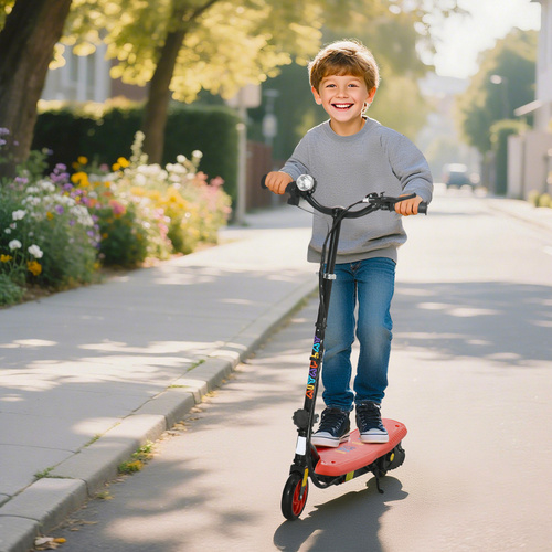 HOMCOM Foldable Electric Scooter, with LED Lights, for Ages 7-14 Years, Red