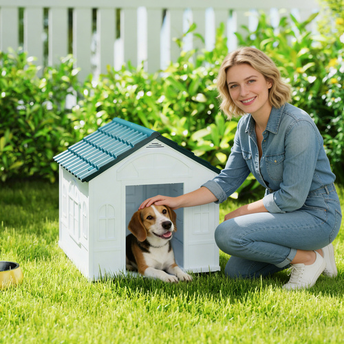 PawHut Plastic Weather-Resistant Dog House, for Indoors and Outdoors, Medium Dogs - White and Blue