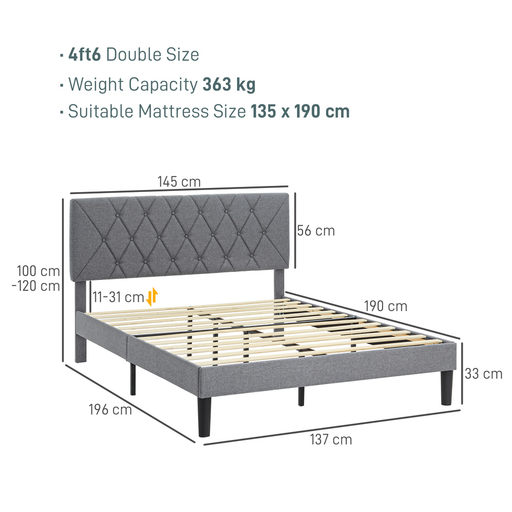 HOMCOM Double Bed Frame with 5-Level Adjustable Linen Upholstered Headboard 145W x 196D x 120Hcm, Grey