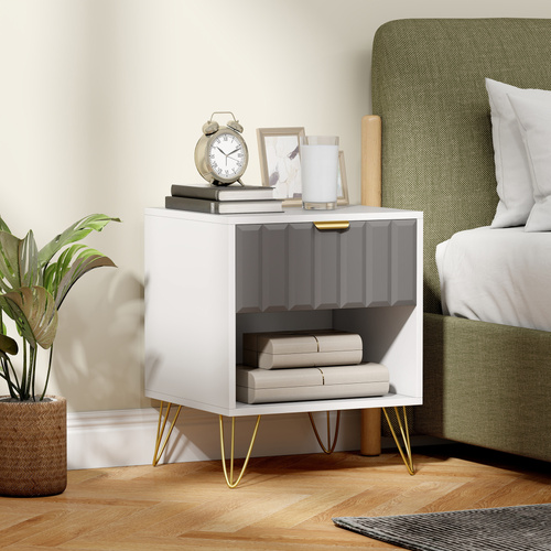 HOMCOM Bedside Table Modern Bedside Cabinet with Drawer and Open Compartment, 45 x 40 x 55, White