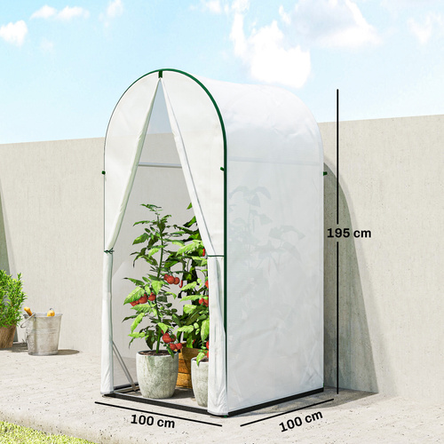 Outsunny Mini Greenhouse, Portable Green House with Roll-Up Door, PE Base, Small Greenhouse, 100 x 100 x 195 cm, White