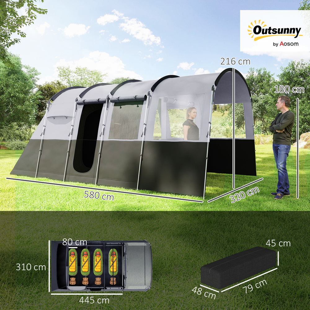 Outsunny 8-Person Camping Tent, Waterproof Family Tent, Tunnel Design, 4 Large Windows, Sleeping Cabins 3000mm Water Column Grey