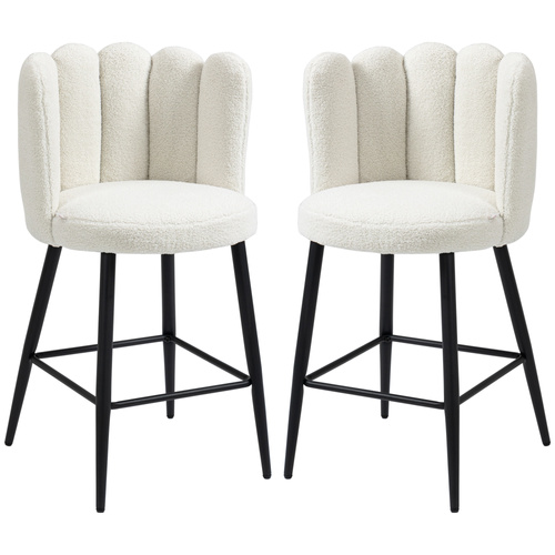 HOMCOM Bar Stools Set of 2, Modern Boucle Upholstered Shell Barstools, Breakfast Bar Chairs with Backrest, Footrest and Steel Base for Kitchen Counter, Cream