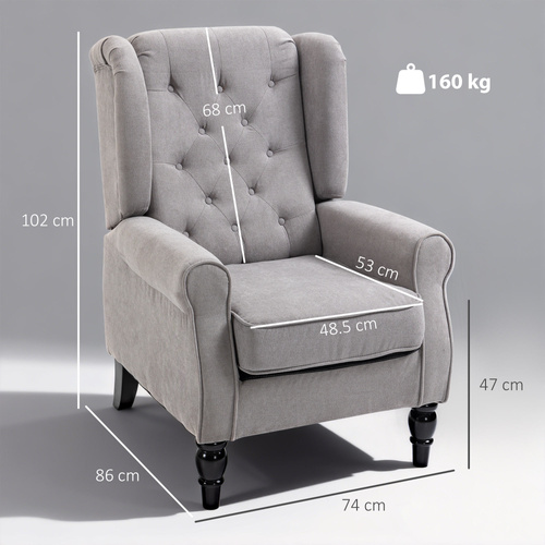 HOMCOM Retro Accent Chair, Wingback Armchair with Wood Frame Button Tufted Design for Living Room Bedroom, Grey