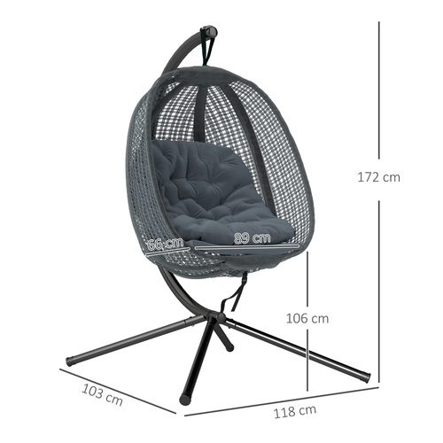 Outsunny Outdoor Swing Chair with Thick Padded Cushion, Patio Hanging Chair with Metal Stand, Egg Chair with Foldable Basket, Cup Holder, for Indoor and Outdoor, Dark Grey