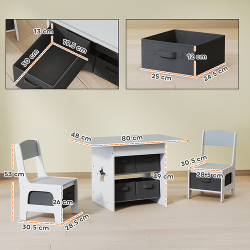 AIYAPLAY Kids Table and Chair Set, Toddler Table and 2 Chairs Set with 6 Removable Drawers, for Boys Girls Ages 3-8, Light Grey
