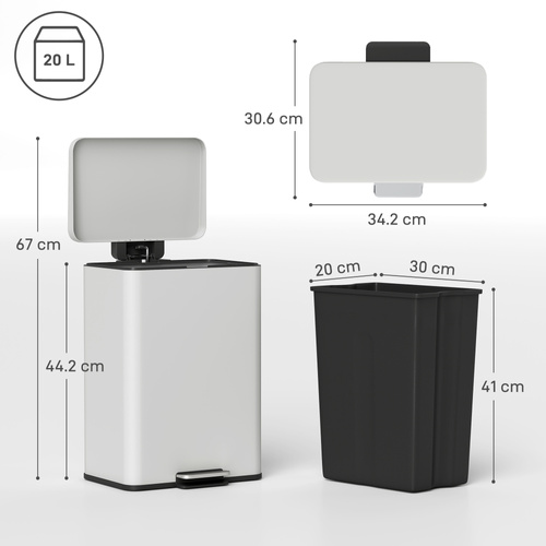 HOMCOM 20L Kitchen Bin with Soft-Close Lid and Stay-Open Function, Pedal Bin with Removable Inner Bucket for Kitchen, Office, Home, Cream
