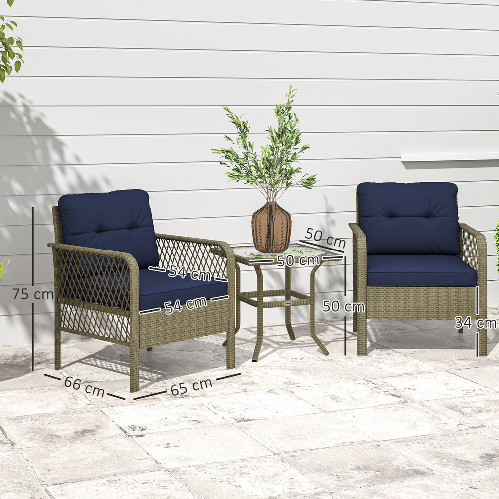 Outsunny 3 Pieces Rattan Bistro Set with Glass Top Coffee Table, Chairs and Cushions for Outdoor, Patio, Balcony, Charcoal Grey