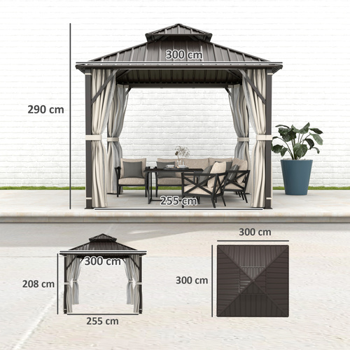 Outsunny 3 x 3(m) Hardtop Gazebo Canopy with Double Metal Roof, Waterproof Permanent Pavilion Garden Gazebo with Netting and Curtains, Easy to Assemble