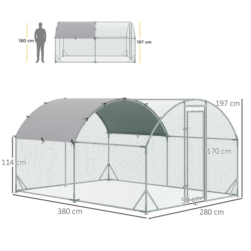 PawHut Walk In Chicken Run Galvanised Chicken Coop Hen Poultry House Cage Pet Playpen Garden with Water-Resist Cover, 2.8 x 3.8 x 2m