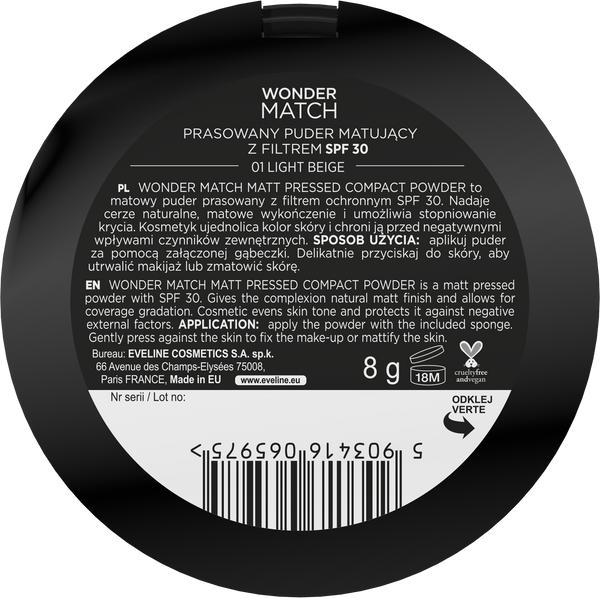 Eveline Wonder Match Matowy Puder Prasowany z Filtrem SPF30 01 Light Beige 8g