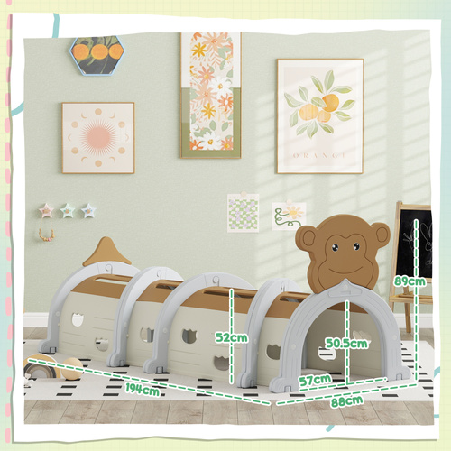 AIYAPLAY Monkey-Design Kids Play Tunnel for Crawling, Climbing, for ages 3-6 Years, Brown