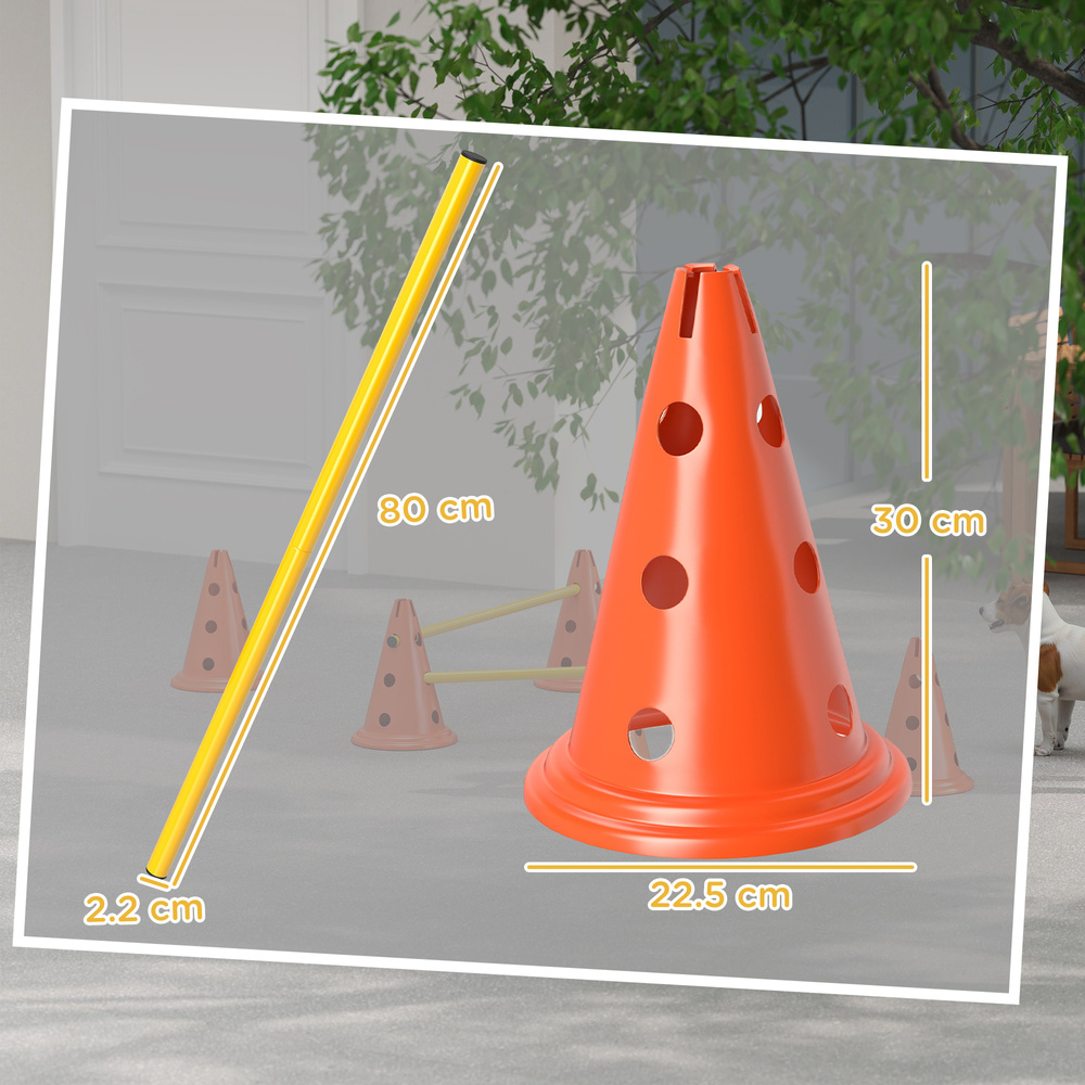 PawHut Dog Agility Equipment Set of Six Cones, Six Poles with Carry Bag, Three-Piece Adjustable Height Jumping Obstacles Orange