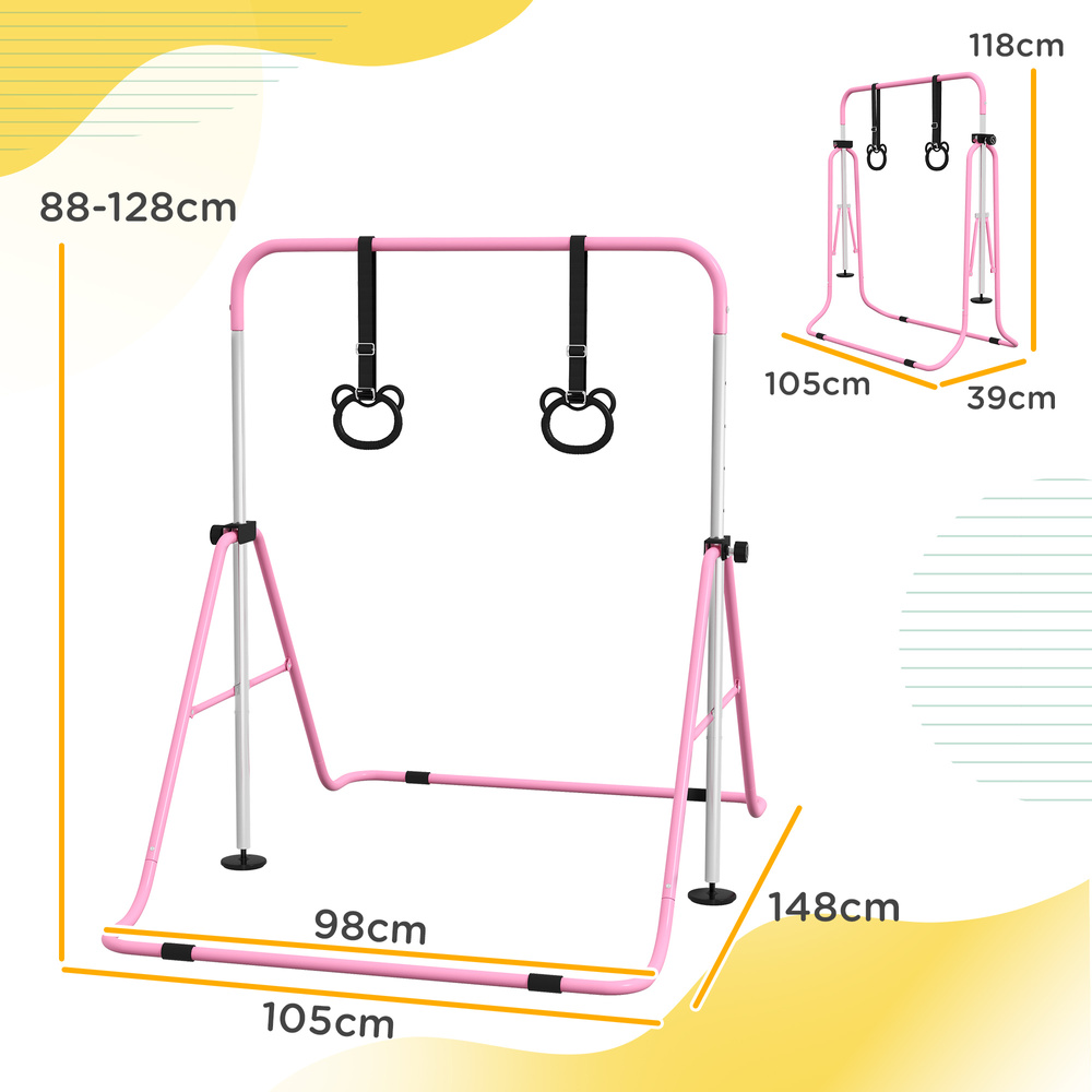 HOMCOM Adjustable Height, Foldable Kids Gymnastics Bar w/ Non-slip Rubber Floor Rings, for 3+ Years, Pink