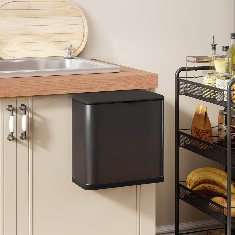 HOMCOM 8L Hanging Kitchen Bin, Rubbish bin with Lid and Removable Inner Bucket for Kitchen Cabinet Door, Under Sink, Office