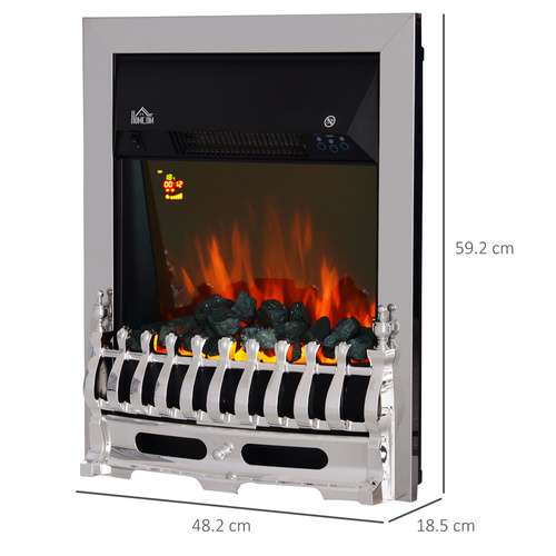 HOMCOM Contemporary Electric Fireplace Coal Burning Flame Effect Inset Fire Place Space Heater Glass View LED Lighting with Remote Control, 1000W/2000W, Silver