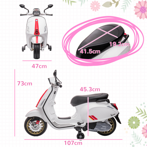 AIYAPLAY 12V Vespa Licensed Kids Electric Motorbike w/ Music, Lights, FM Radio, for 3-6 Years - White