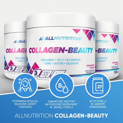 Allnutrition Collagen-Beauty Hydrolizowany Kolagen Wołowy z Kompleksem Witamin i Minerałów Strawberry 158g