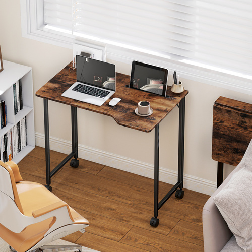 HOMCOM Folding Small Desk on Wheels - Rustic Brown