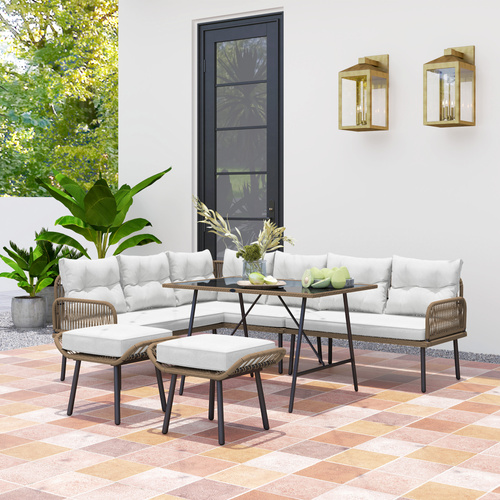 Outsunny 6 Piece Rattan Garden Furniture Set, 8 Seater Garden Corner Sofa with Cushions and Glass Top Table, Sectional Outdoor Furniture Conservatory Set for Patio, Cream White