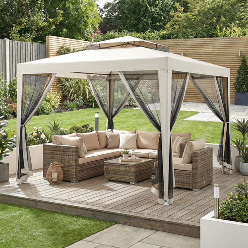 Outsunny 3 x 3 m Gazebo, Netting Party Tent, Patio Canopy Outdoor Event Shelter with Double Tier Roof, Cream White