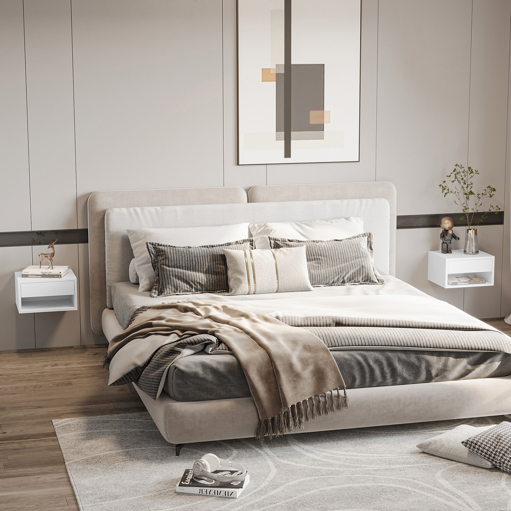 HOMCOM Set of Two Floating Bedside Tables - High Gloss White