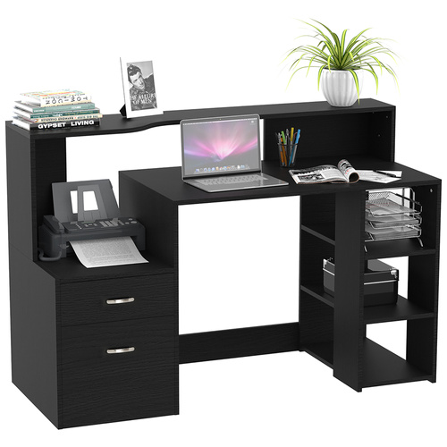 HOMCOM Computer Desk with Drawers and Storage Shelves, Office Desk Writing Table with Printer Stand, Large Workstation for Study Play Work Home Office, 137 x 55 x 92cm, Black