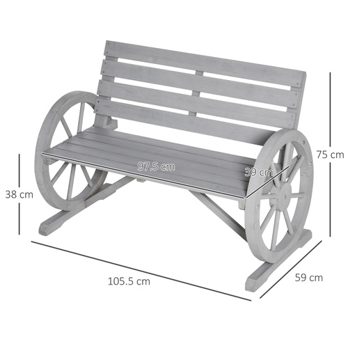 Outsunny Wooden Cart Wagon Wheel 2 Seater Garden Bench Outdoor Garden Armrest Chair Rustic High Back Loveseat Grey