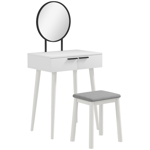 HOMCOM Modern Dressing Table with Round Mirror and Stool, Makeup Vanity Table with 2 Drawers for Bedroom, Living Room, 60 x 40 x 123 cm, White