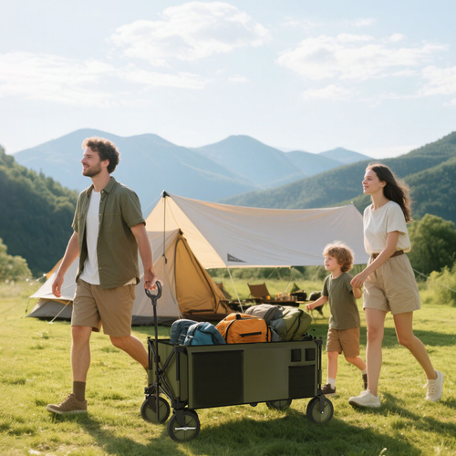 Outsunny Folding Garden Trolley, Cargo Trailer on Wheels, Collapsible Camping Trolley with Folding Board, Outdoor Utility Wagon with Steel Frame and Oxford Fabric, Green