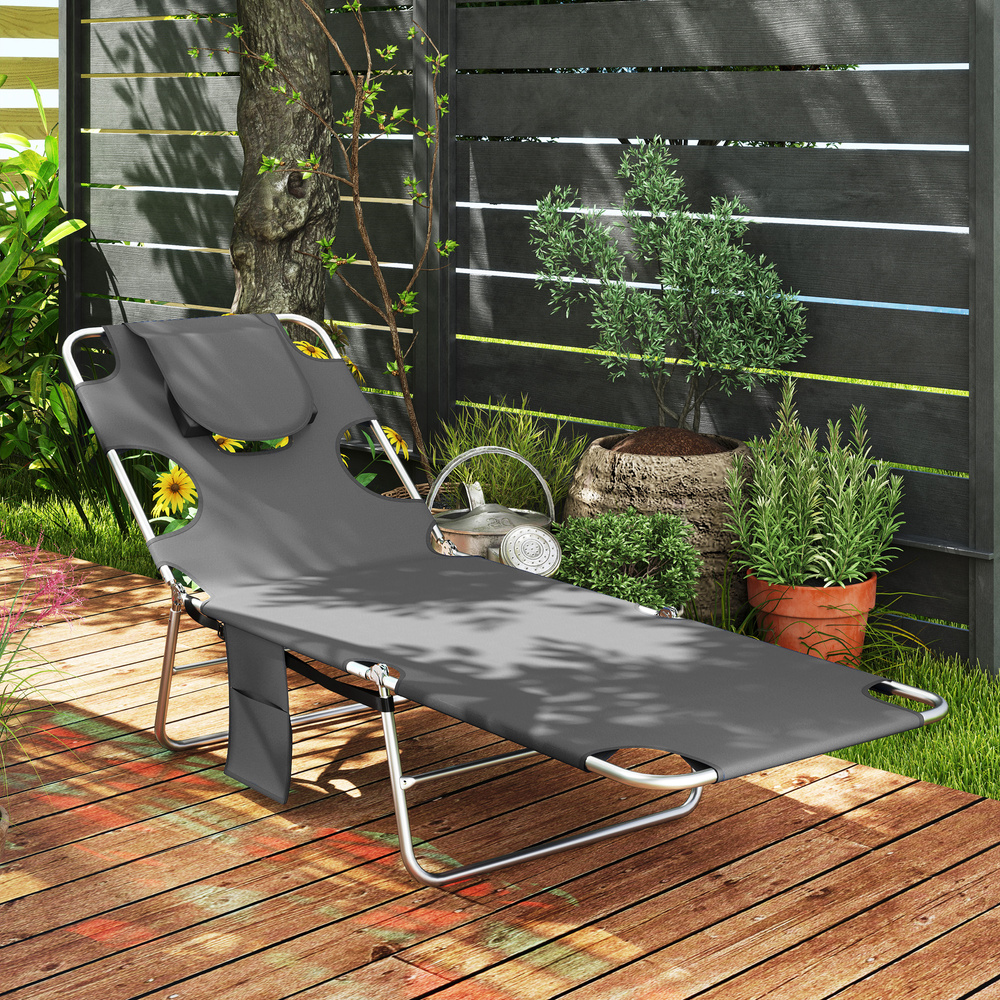 Outsunny Foldable Sun Lounger Set of 2, Beach Chaise Lounge with Reading Hole, Arm Slots, 5-Position Adjustable Backrest, Side Pocket, Pillow for Garden, Beach, Pool, Dark Grey