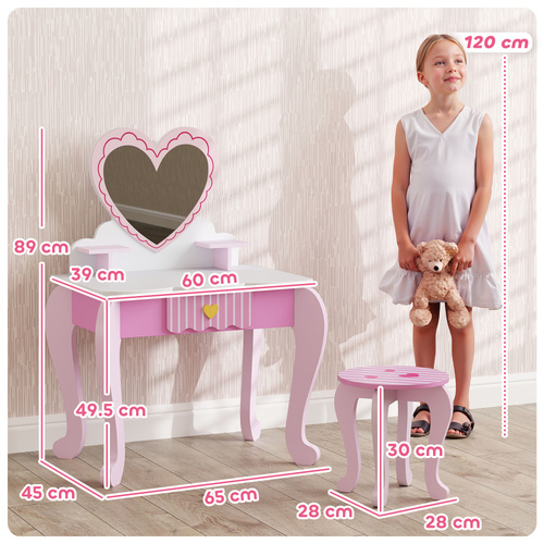 AIYAPLAY Kids Dressing Table Set, Vanity Table with Stool, Mirror, Drawer, Desktop Storage, Heart Theme, Pink