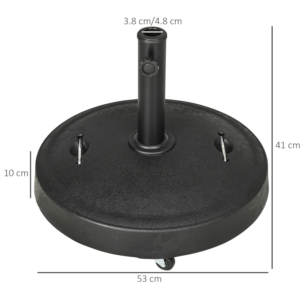 Outsunny 25kg Resin Garden Parasol Base with Wheels and Retractable Handles, Round Outdoor Market Umbrella Stand Weight for Poles of Φ38mm to Φ48mm, Black
