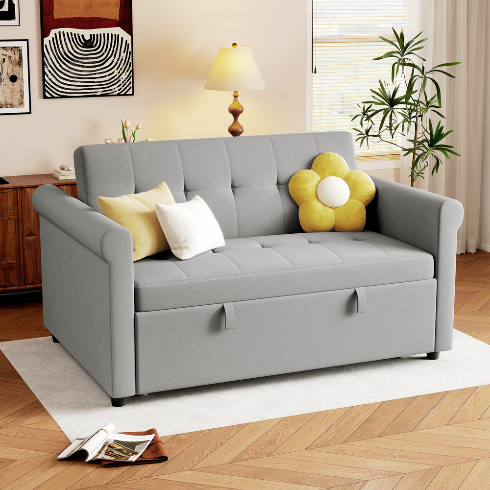 HOMCOM Two-Seater Velvet-Feel Sofa Bed with Seven-Position Back - Grey
