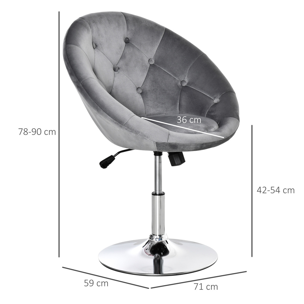 HOMCOM Swivel Dressing Stool, Velvet-feel Upholstered Vanity Chair, Adjustable Height Tub Makeup Chair with Button Tufting and Thick Padding for Bedroom, Grey