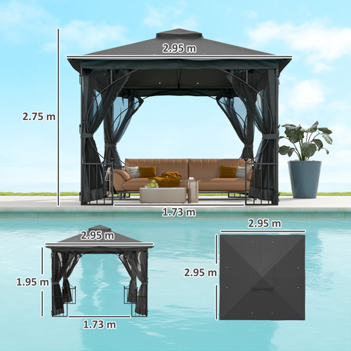 Outsunny 3 x 3m Garden Gazebo Patio Party Tent Shelter Outdoor Canopy Double Tier Sun Shade with Metal Frame and Netting, Dark Grey