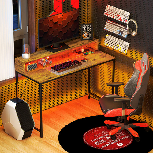 HOMCOM 120cm Computer Desk with LED Lights and Power Outlets, Gaming Desk with Monitor Stand, Computer Table with Remote for Home Office Study, Rustic Brown